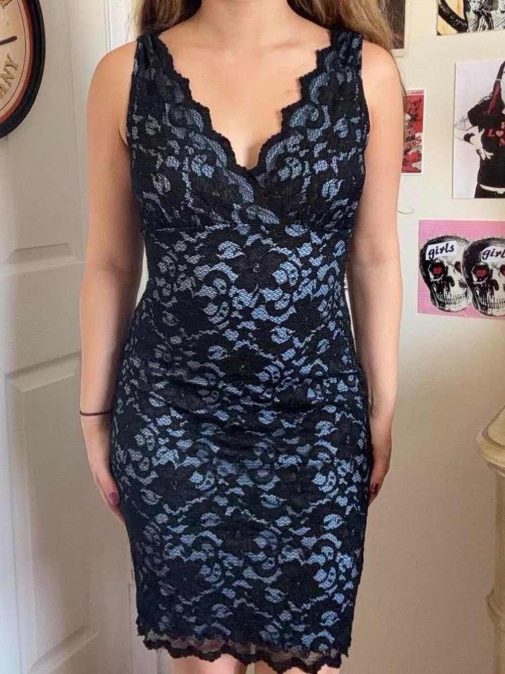 Ruby Rox Black Lace Overlay Slip with Blue Underlay